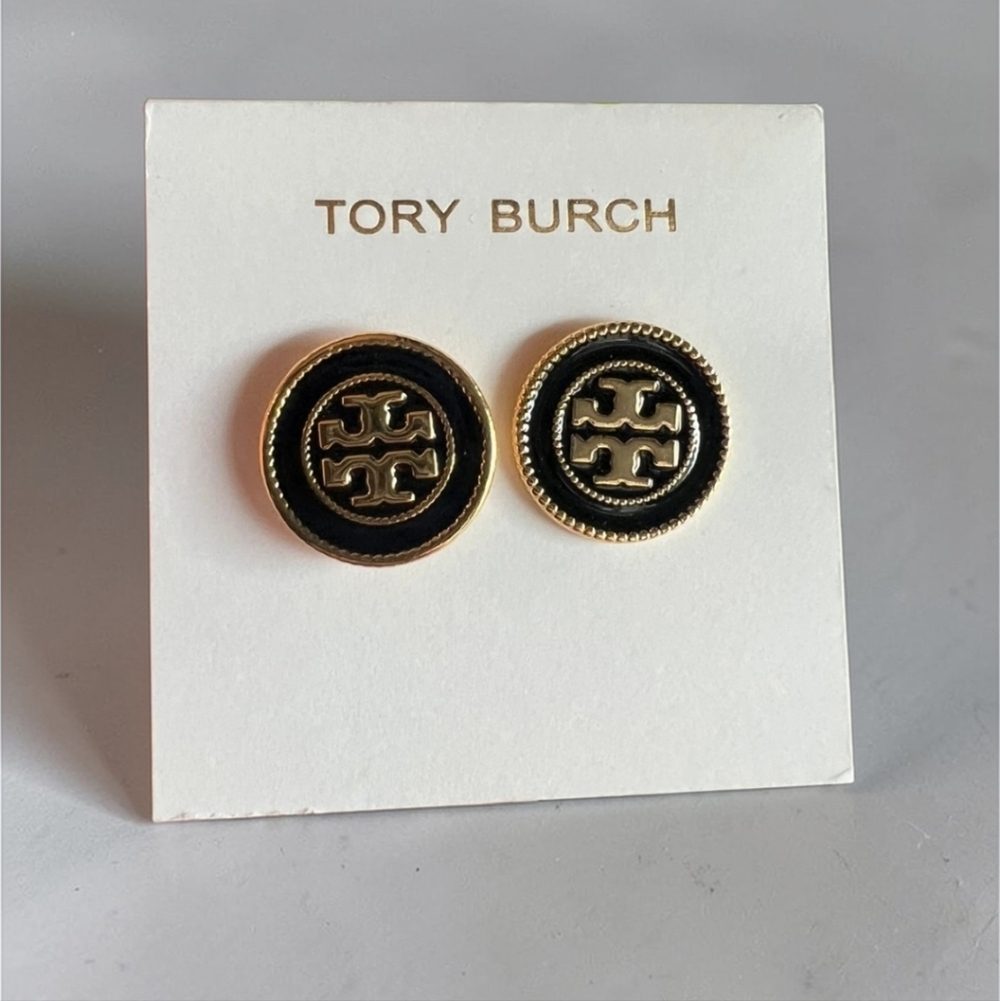 Tory Burch Black and Gold Round Logo Stud Earrings